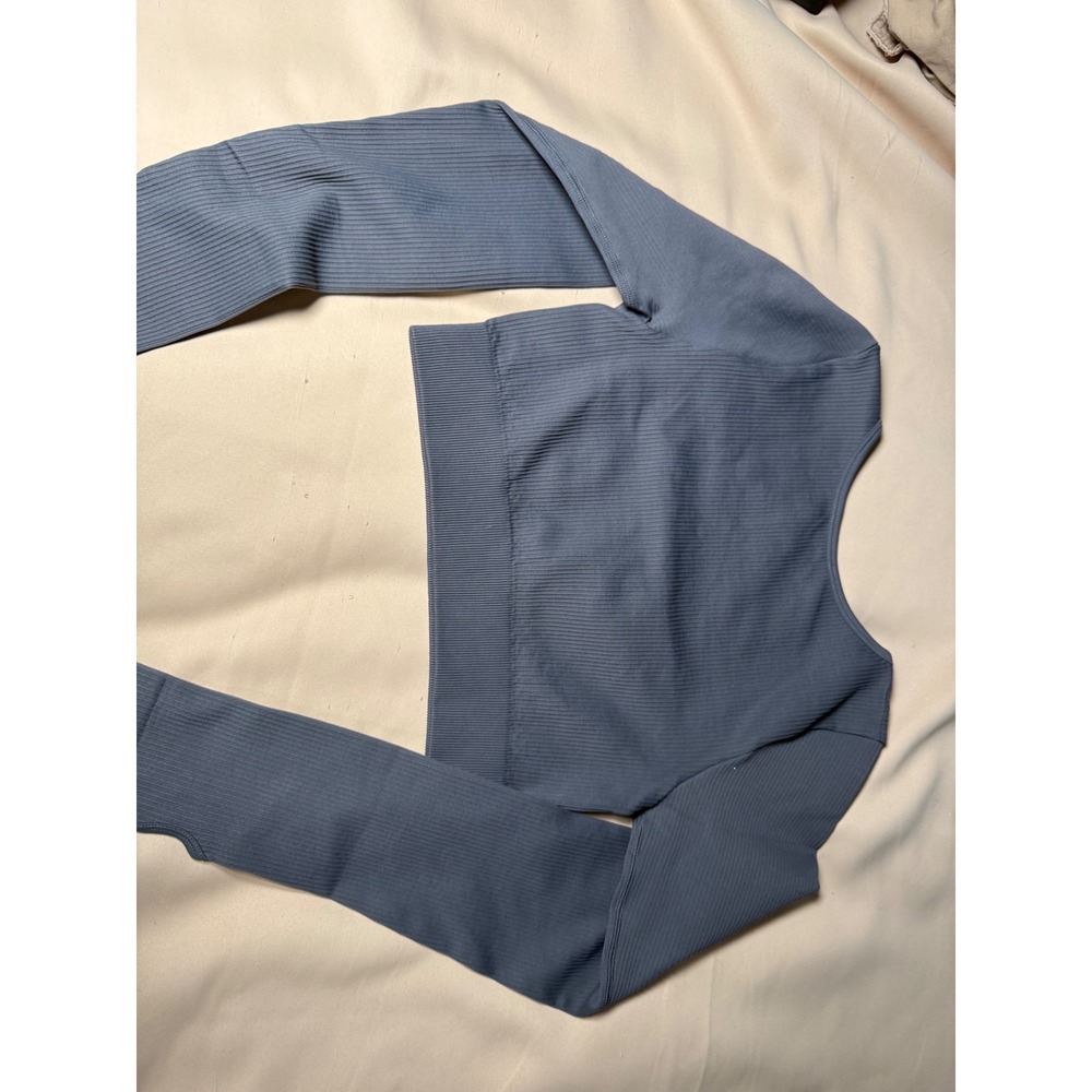 GQQQ Women Ribbed Long Sleeve Crop Top Square Neck Thumbhole Steel Blue Grey M - Picture 3 of 5